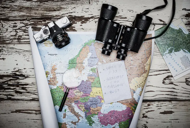 flat lay travel planning concept flat lay travel planning concept top view note paper binoculars europe map 215012123